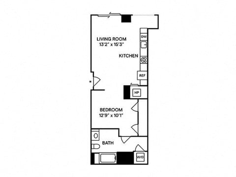 Floor plan for studio, 1 bath, 651 sqft